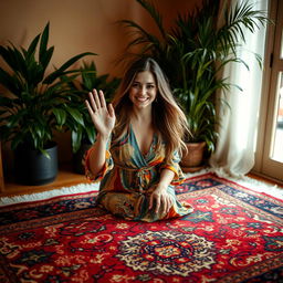 A woman waving at someone from a beautiful patterned rug, captured in a warm, cozy atmosphere