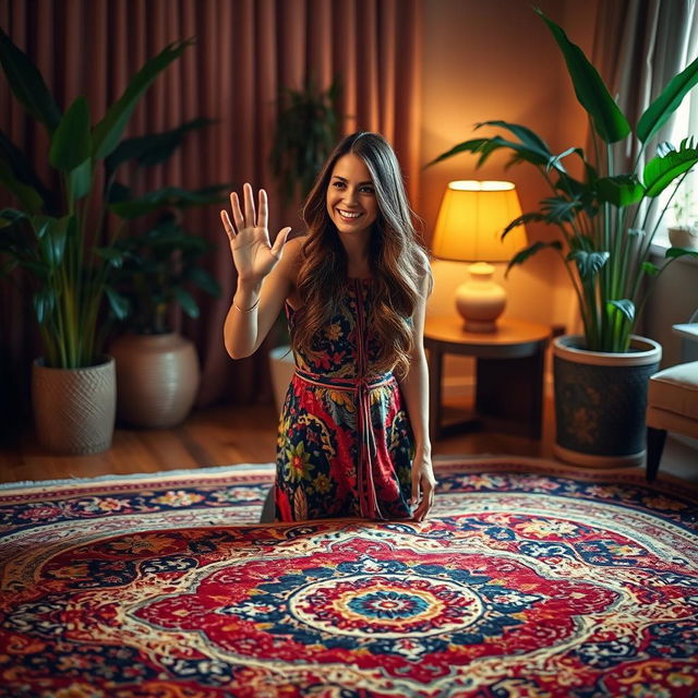 A woman waving at someone from a beautiful patterned rug, captured in a warm, cozy atmosphere