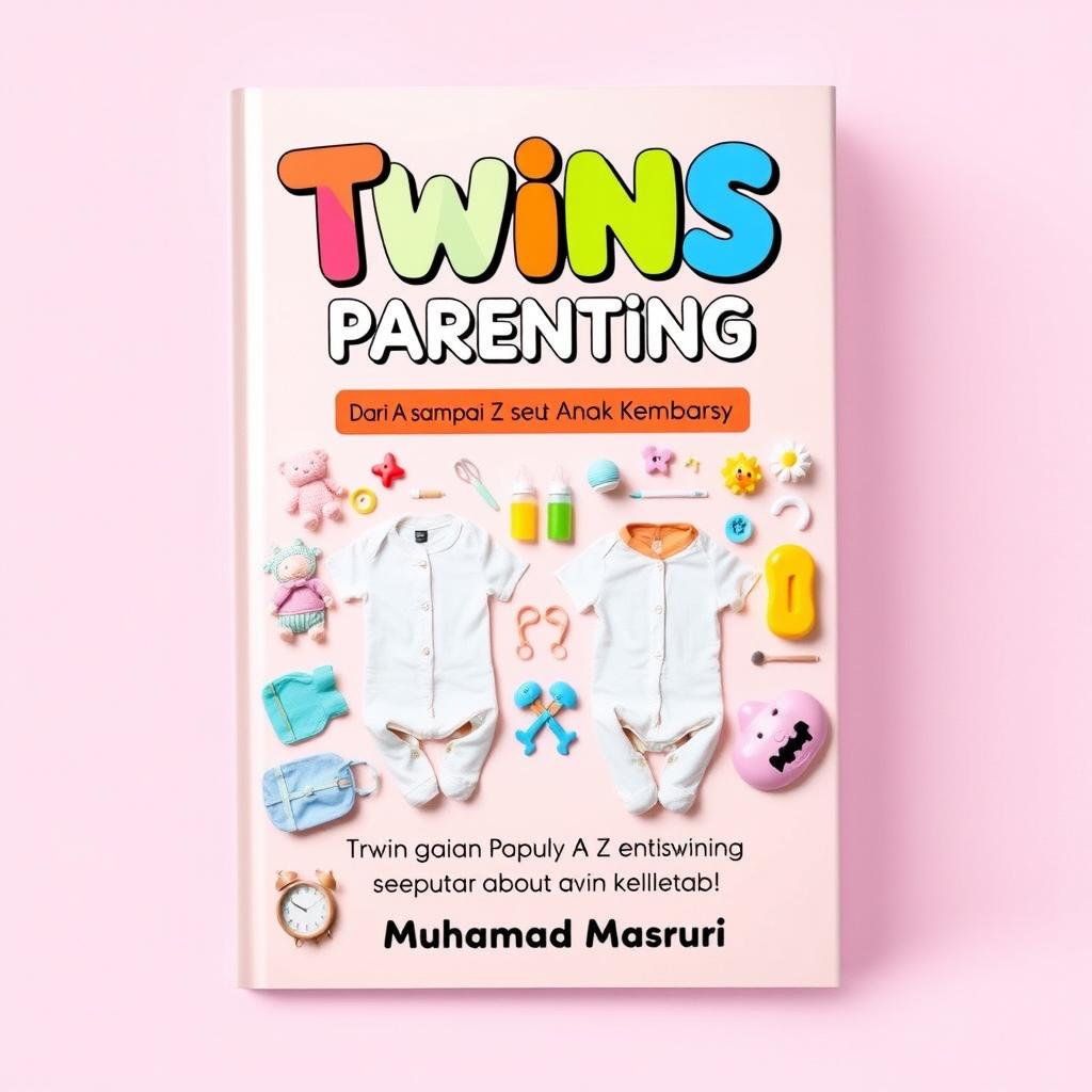 A colorful and engaging book cover for the title "Twins Parenting: Dari A sampai Z seputar Anak Kembar" (Twins Parenting from A to Z about Twin Children), authored by Muhamad Masruri