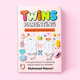 A colorful and engaging book cover for the title "Twins Parenting: Dari A sampai Z seputar Anak Kembar" (Twins Parenting from A to Z about Twin Children), authored by Muhamad Masruri