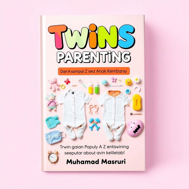 A colorful and engaging book cover for the title "Twins Parenting: Dari A sampai Z seputar Anak Kembar" (Twins Parenting from A to Z about Twin Children), authored by Muhamad Masruri