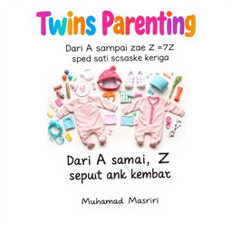 A colorful and engaging book cover for the title "Twins Parenting: Dari A sampai Z seputar Anak Kembar" (Twins Parenting from A to Z about Twin Children), authored by Muhamad Masruri