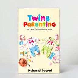 A colorful and engaging book cover for the title "Twins Parenting: Dari A sampai Z seputar Anak Kembar" (Twins Parenting from A to Z about Twin Children), authored by Muhamad Masruri