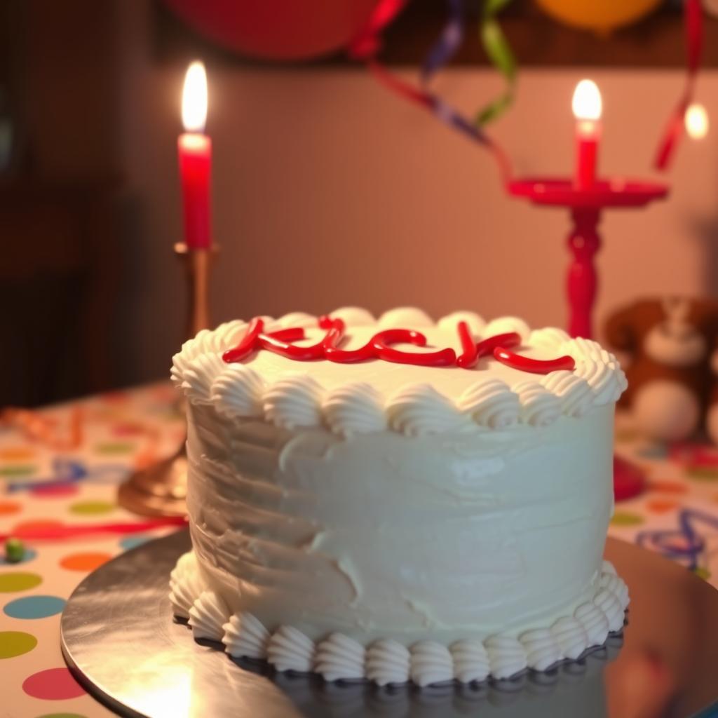 A beautifully decorated birthday cake, featuring a rich, creamy white frosting, with the word "kick" artistically written in red icing on top