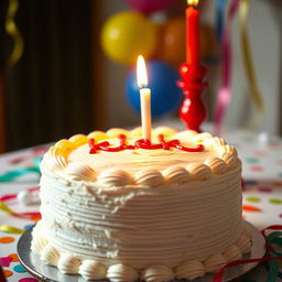 A beautifully decorated birthday cake, featuring a rich, creamy white frosting, with the word "kick" artistically written in red icing on top