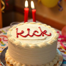 A beautifully decorated birthday cake, featuring a rich, creamy white frosting, with the word "kick" artistically written in red icing on top