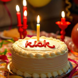 A beautifully decorated birthday cake, featuring a rich, creamy white frosting, with the word "kick" artistically written in red icing on top