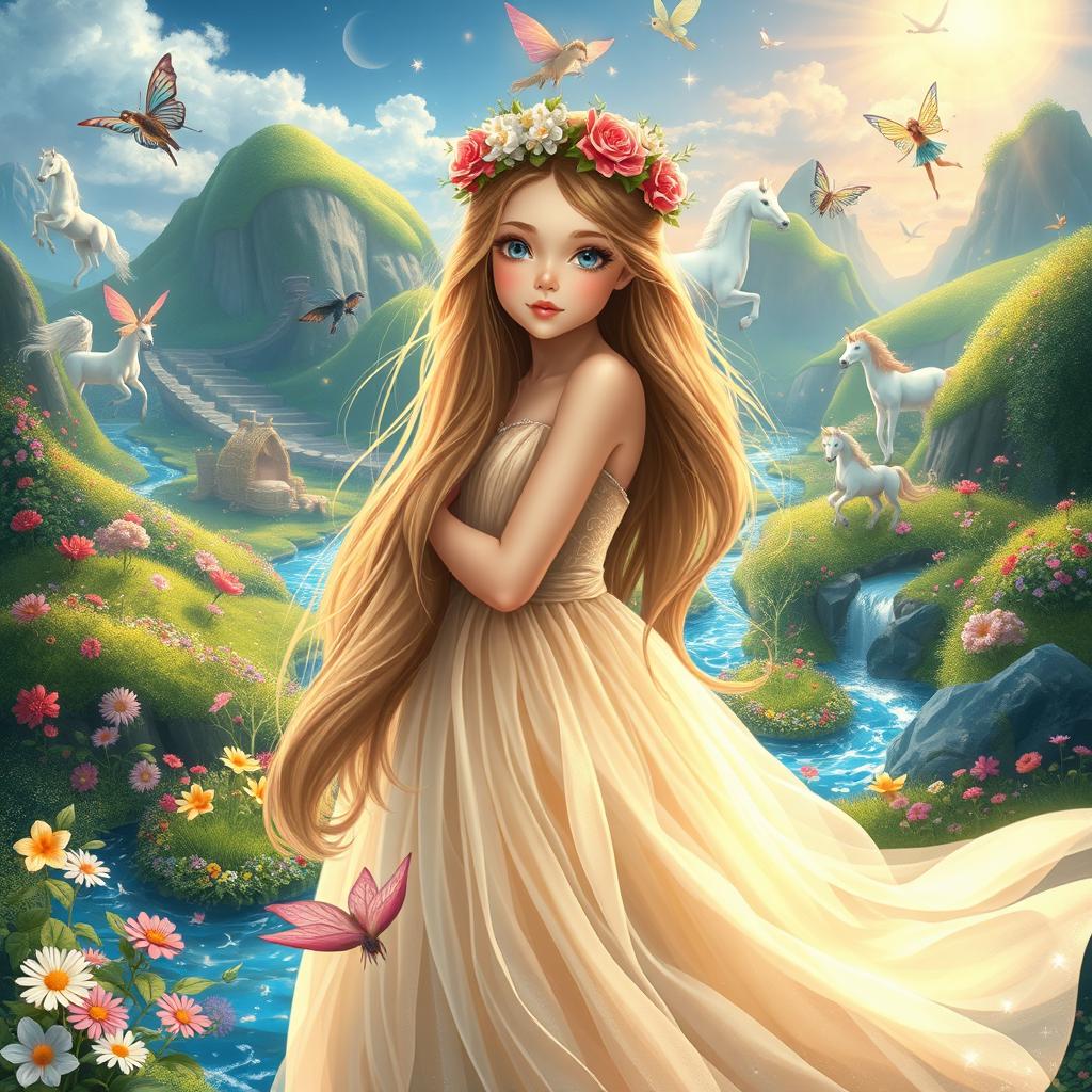 A beautiful girl in a fairy tale world, surrounded by enchanting landscapes filled with colorful flowers, sparkling streams, and whimsical creatures like fairies and unicorns