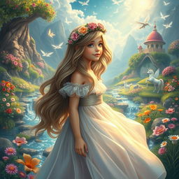 A beautiful girl in a fairy tale world, surrounded by enchanting landscapes filled with colorful flowers, sparkling streams, and whimsical creatures like fairies and unicorns