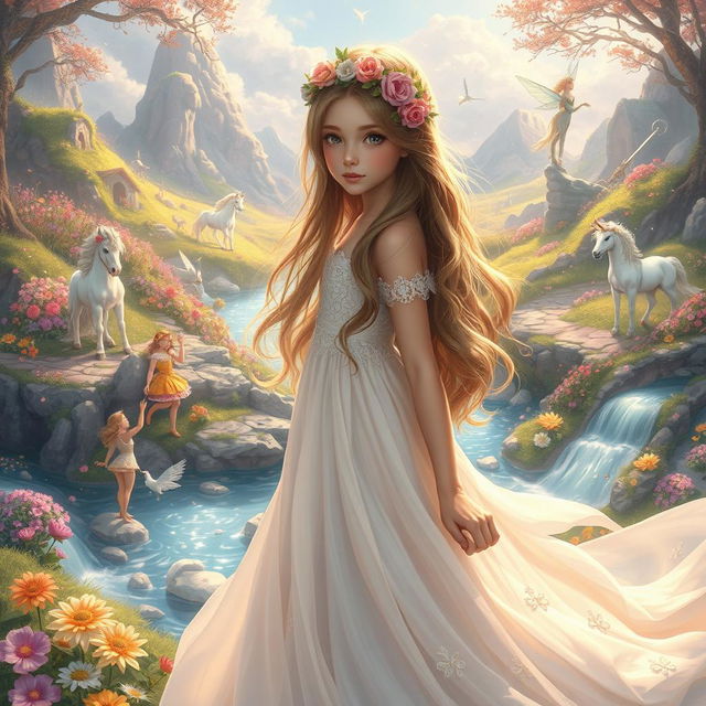 A beautiful girl in a fairy tale world, surrounded by enchanting landscapes filled with colorful flowers, sparkling streams, and whimsical creatures like fairies and unicorns