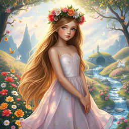 A beautiful girl in a fairy tale world, surrounded by enchanting landscapes filled with colorful flowers, sparkling streams, and whimsical creatures like fairies and unicorns