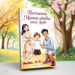 A captivating book cover for a novel titled "Bersama Mama atau Ayah" featuring a heartwarming illustration of a child standing between a loving mother and father