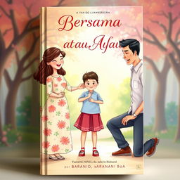 A captivating book cover for a novel titled "Bersama Mama atau Ayah" featuring a heartwarming illustration of a child standing between a loving mother and father