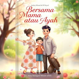 A captivating book cover for a novel titled "Bersama Mama atau Ayah" featuring a heartwarming illustration of a child standing between a loving mother and father