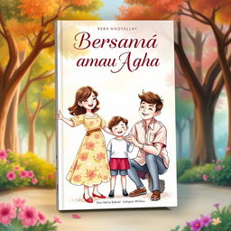 A captivating book cover for a novel titled "Bersama Mama atau Ayah" featuring a heartwarming illustration of a child standing between a loving mother and father