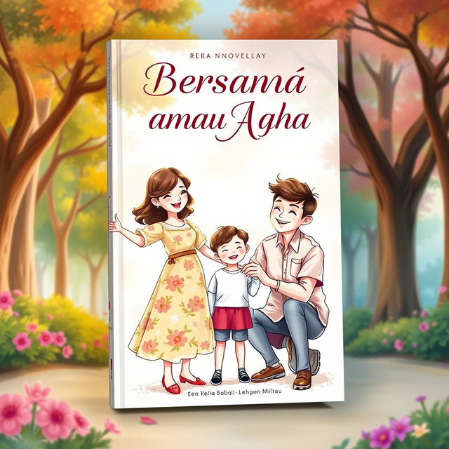 A captivating book cover for a novel titled "Bersama Mama atau Ayah" featuring a heartwarming illustration of a child standing between a loving mother and father