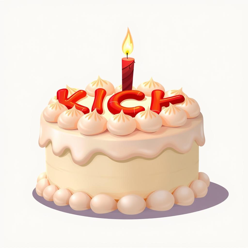 A 2D illustration of a whimsical birthday cake, adorned with luscious white cream icing that appears to be gently flaming around the edges