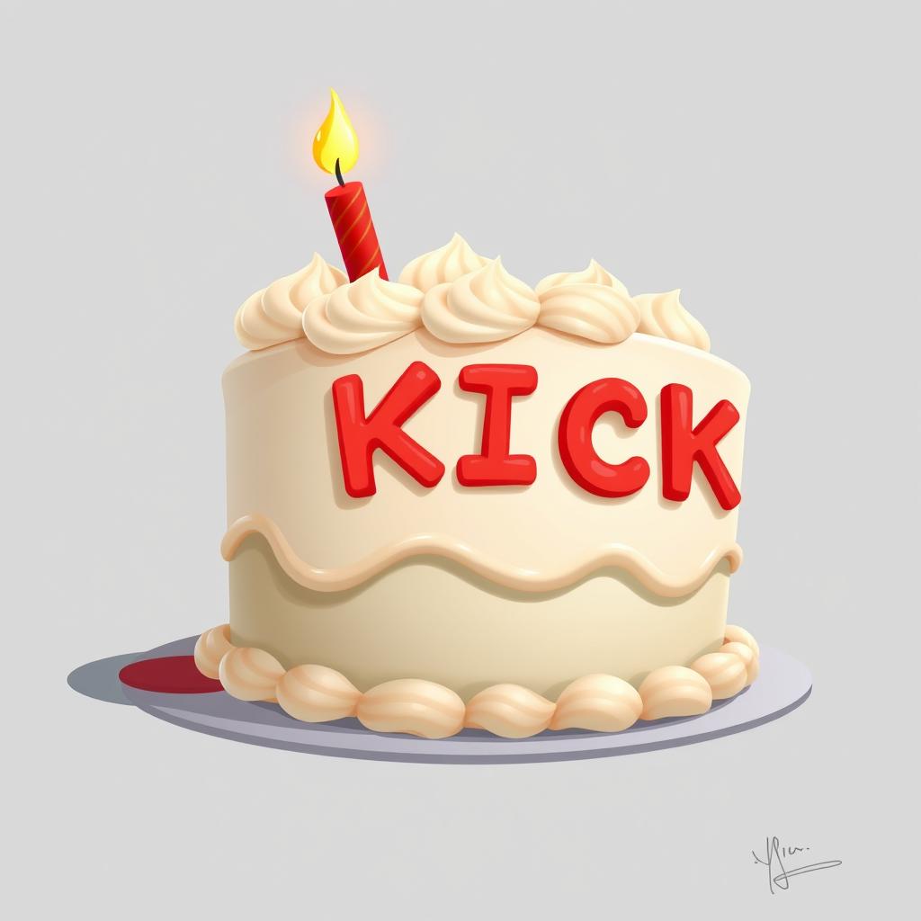 A 2D illustration of a whimsical birthday cake, adorned with luscious white cream icing that appears to be gently flaming around the edges