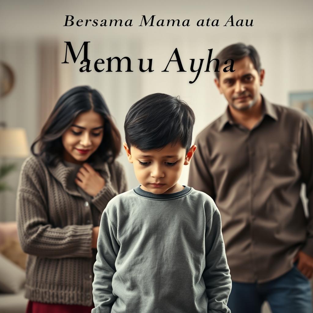 A poignant book cover for a novel titled "Bersama Mama atau Ayah" depicting a young boy with a sad expression, caught in a moment of indecision between his mother and father