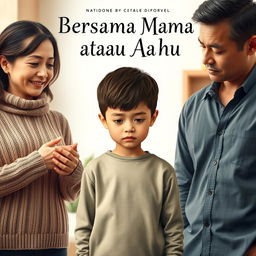 A poignant book cover for a novel titled "Bersama Mama atau Ayah" depicting a young boy with a sad expression, caught in a moment of indecision between his mother and father