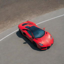 An F-22 Raptor fighter jet soaring in the clear sky overhead, while below, a shiny red Lamborghini races along a smooth, open road.