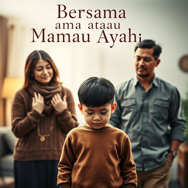 A poignant book cover for a novel titled "Bersama Mama atau Ayah" depicting a young boy with a sad expression, caught in a moment of indecision between his mother and father