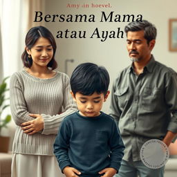 A poignant book cover for a novel titled "Bersama Mama atau Ayah" depicting a young boy with a sad expression, caught in a moment of indecision between his mother and father