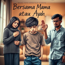 An emotional book cover for a novel titled "Bersama Mama atau Ayah" showcasing a teenage boy with a sad expression, standing in the middle, torn between his parents