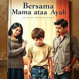 An emotional book cover for a novel titled "Bersama Mama atau Ayah" showcasing a teenage boy with a sad expression, standing in the middle, torn between his parents