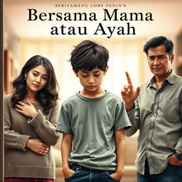 An emotional book cover for a novel titled "Bersama Mama atau Ayah" showcasing a teenage boy with a sad expression, standing in the middle, torn between his parents