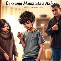 An emotional book cover for a novel titled "Bersama Mama atau Ayah" showcasing a teenage boy with a sad expression, standing in the middle, torn between his parents