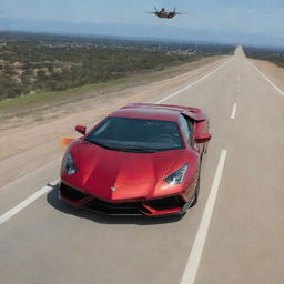 An F-22 Raptor fighter jet soaring in the clear sky overhead, while below, a shiny red Lamborghini races along a smooth, open road.