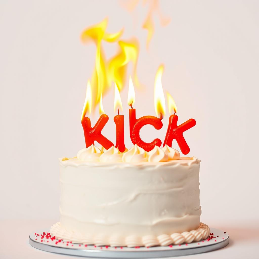 A striking birthday cake made of flaming white cream, showcasing vibrant flames dancing on top, set against a pristine white background