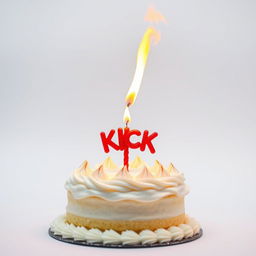 A striking birthday cake made of flaming white cream, showcasing vibrant flames dancing on top, set against a pristine white background