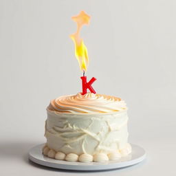 A striking birthday cake made of flaming white cream, showcasing vibrant flames dancing on top, set against a pristine white background