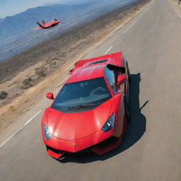 An F-22 Raptor fighter jet soaring in the clear sky overhead, while below, a shiny red Lamborghini races along a smooth, open road.