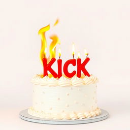 A stunning birthday cake crafted from flaming white cream, featuring vibrant, intense flames erupting from the top