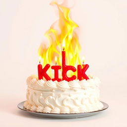 A stunning birthday cake crafted from flaming white cream, featuring vibrant, intense flames erupting from the top