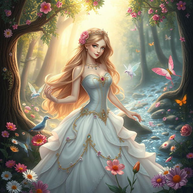 A beautiful princess in a magical fairy tale world, surrounded by enchanted forests and sparkling streams