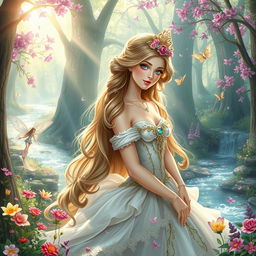 A beautiful princess in a magical fairy tale world, surrounded by enchanted forests and sparkling streams