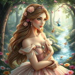 A beautiful princess in a magical fairy tale world, surrounded by enchanted forests and sparkling streams