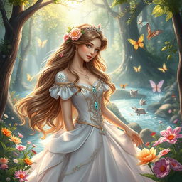 A beautiful princess in a magical fairy tale world, surrounded by enchanted forests and sparkling streams