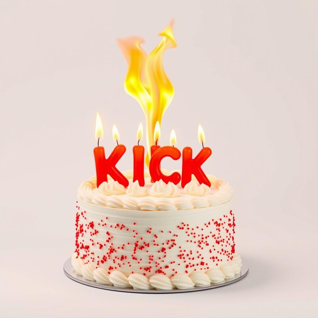 An eye-catching birthday cake made of flaming white cream, featuring spectacular and dramatic flames erupting from the top