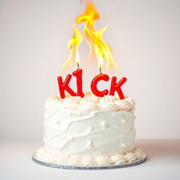 An eye-catching birthday cake made of flaming white cream, featuring spectacular and dramatic flames erupting from the top