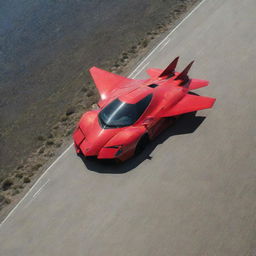 An F-22 Raptor fighter jet soaring in the clear sky overhead, while below, a shiny red Lamborghini races along a smooth, open road.