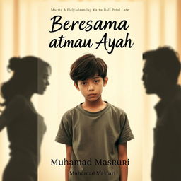 A touching A4 portrait book cover design for a novel titled "Bersama Mama atau Ayah" featuring a teenage boy with a sad expression, reflecting on his difficult choice between his parents after their divorce