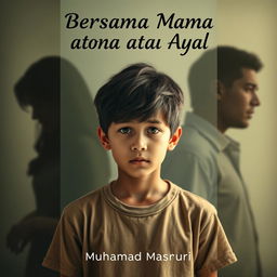 A touching A4 portrait book cover design for a novel titled "Bersama Mama atau Ayah" featuring a teenage boy with a sad expression, reflecting on his difficult choice between his parents after their divorce