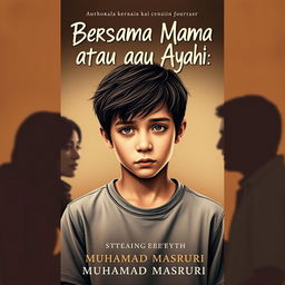 A touching A4 portrait book cover design for a novel titled "Bersama Mama atau Ayah" featuring a teenage boy with a sad expression, reflecting on his difficult choice between his parents after their divorce