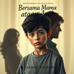 A touching A4 portrait book cover design for a novel titled "Bersama Mama atau Ayah" featuring a teenage boy with a sad expression, reflecting on his difficult choice between his parents after their divorce