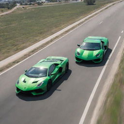 An F-22 Raptor cutting through the clear sky above while a sleek green Lamborghini races on an open stretch of highway beneath.